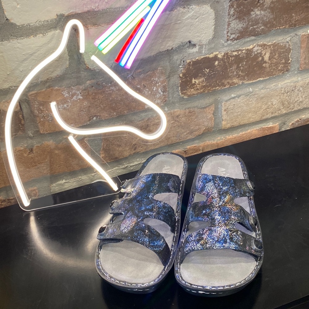 Alegria blue/ purple sandals.  Size 10 Velcro across top NWOT